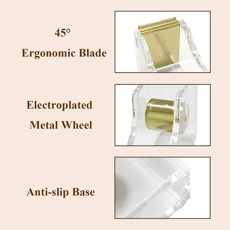 Mersper Gold Tape Dispenser, Clear Acrylic Desk Tape dispensers with Serrated Metal Edge, Modern Aesthetic Office & Craft Tape Organizer for Gift Wrapping, 1 Inch Core, Non-Slip Weighted Base - Image 2